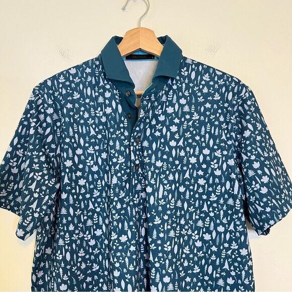 Greyson Magical Ferns Polo Shirt Mens Small Orca Blue Wolf Logo Golf Stretch - Picture 3 of 8